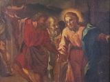 tableau représentant un groupe de personnes rassemblées autour d'un homme tenant une croix