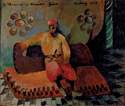 un tableau représentant un homme assis sur un canapé devant un tableau