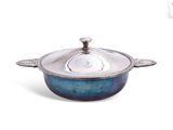 casserole plaquée argent avec couvercle en verre bleu