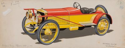 painting of a red and yellow car on a beige background