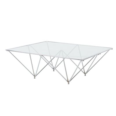 une table basse blanche avec un plateau en verre et des pieds en métal