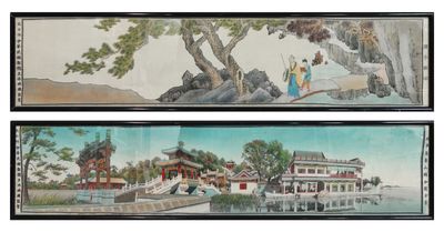 Trois tableaux représentant des architectures asiatiques sont accrochés sur un mur blanc.