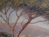 a painting of a tree on a hill by the water