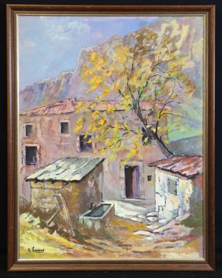 une peinture à l'huile représentant une maison devant laquelle se trouve un bateau