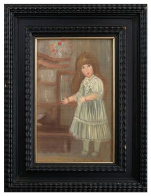 painting of a young girl in a blue dress holding a bird