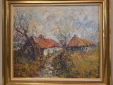 une peinture à l'huile représentant une scène de vie à la ferme, traversée par un ruisseau