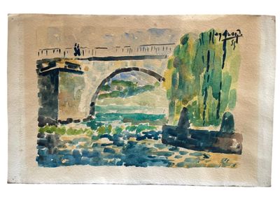 aquarelle représentant un pont au-dessus d'un plan d'eau