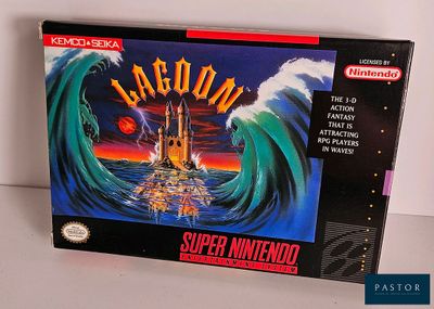 an image of a nintendo game box with a picture of a castle on top of a wave