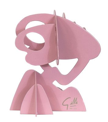 a pink sculpture of a woman with a hat and dress