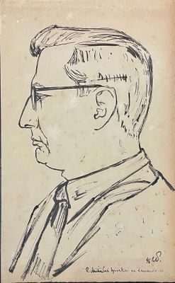 dessin représentant un homme en costume, portant des lunettes et une cravate