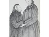 an old drawing of a man and a woman standing next to each other