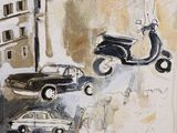 a painting of a man riding a scooter on a city street