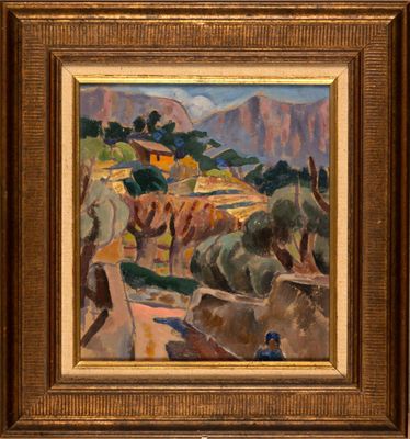 un tableau représentant un paysage avec du bétail et des arbres au premier plan