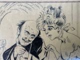 a drawing of a man and a woman holding an umbrella