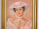 painting of a woman wearing a white hat and a pink dress