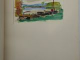 painting of a boat in a body of water with a lighthouse in the background