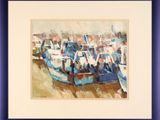 une peinture à l'huile représentant un groupe de bateaux amarrés dans un port