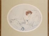 painting of a woman sitting in a chair with her head resting on a pillow