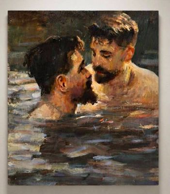 une peinture à l'huile représentant un homme et une femme dans un plan d'eau