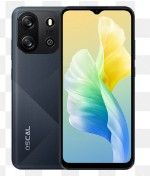 a black smartphone with a flower on the screen and a white background