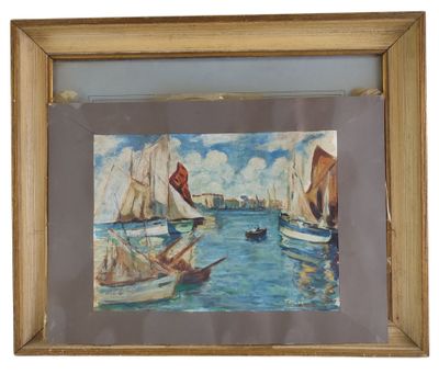 peinture représentant des bateaux sur l'eau, avec le ciel en arrière-plan