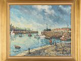 an oil painting of a harbor scene with boats in the water