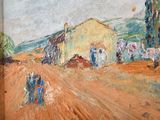 a painting of a farm scene with a horse and buggy