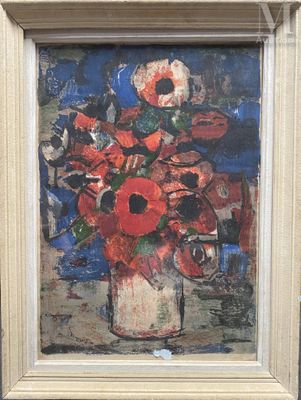 une peinture de fleurs dans un vase sur une table