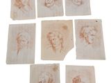 une série de six dessins représentant des personnes, réalisés sur du papier ancien