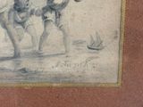 a drawing of two children playing with a ball on the beach
