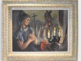 a painting of a woman sitting in front of a candle