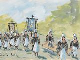 tableau représentant un tableau dans lequel on voit un groupe de personnes marchant dans une rue
