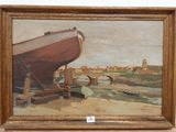 a painting of a boat on display in a museum