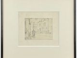 framed drawing of a street scene with a man and a dog