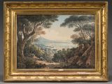a painting of a landscape with a man and a dog in the foreground