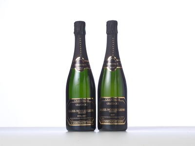two bottles of champagne sitting next to each other on a table