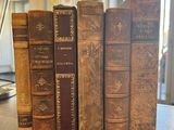 Plusieurs vieux livres sont alignés sur un bureau dans une bibliothèque