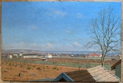 a painting of a view of a farm with a barn