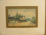 une photo d'un tableau représentant une maison dans un champ