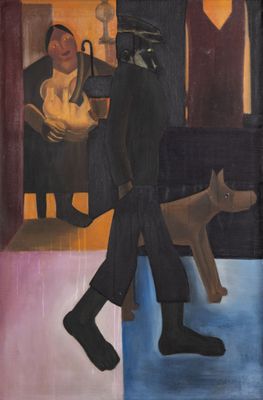 tableau représentant un homme promenant son chien devant une femme et un homme assis sur un canapé