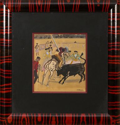 tableau représentant un homme chevauchant un taureau, une épée à la main, dans un cadre rouge et noir