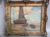 une image d'un tableau représentant un bateau sur la plage
