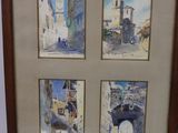 trois photos encadrées représentant une scène de rue avec des bâtiments et un pont