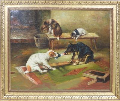 tableau représentant un groupe de chiens jouant sur un tapis dans une pièce