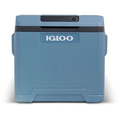 an igloo blue cooler with the lid open on a white background