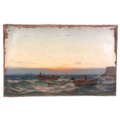 a painting of two boats in the water at sunset