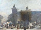 peinture d'une scène de rue avec une église en arrière-plan