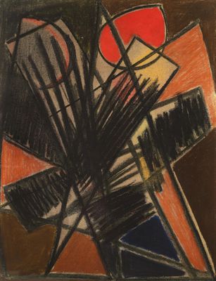 une image représentant une peinture d'un vase de fleurs avec un soleil rouge en arrière-plan
