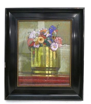 peinture d'un vase de fleurs sur une table dans un cadre noir