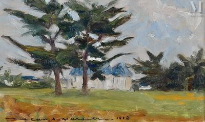 une peinture à l'huile représentant deux arbres dans un champ, avec le ciel en arrière-plan